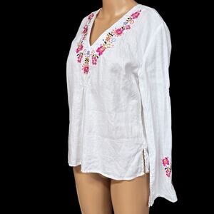 Anne Carson Boho Tunic Top Womens Sz M White Linen Embroidered Resort